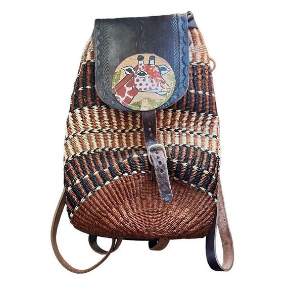 Artisan Handbags - Kenya Artisan Made Sisal Giraffe Themed Colors Durable Flap Safari Backpack Bag